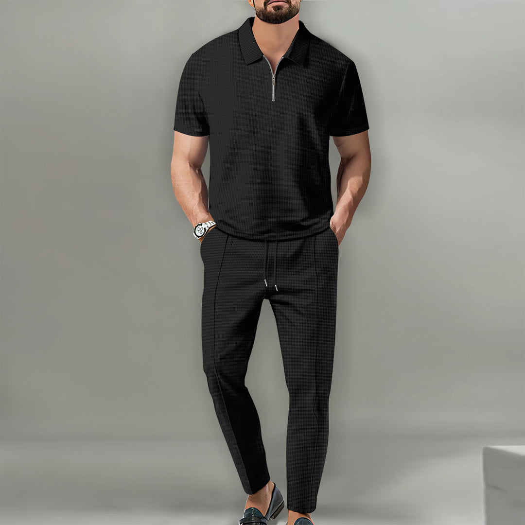 Herrer Sporty Poloshirt med moderne lynlås og elastiske joggingbukser Stilla