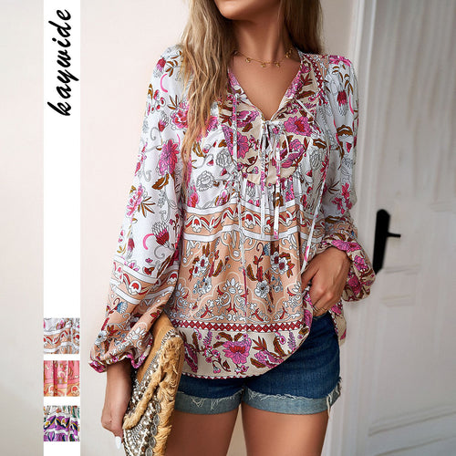 Dame longsleeve bluse med floralt design og elastiske ærmeafslutninger Stilla