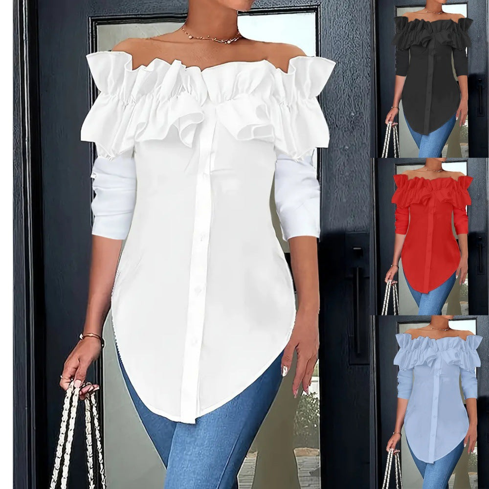 Dame Off-Shoulder Bluse med ruffles og knapdetaljer Stilla