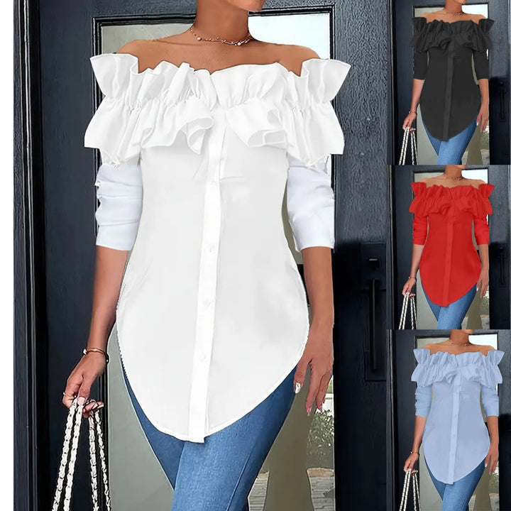 Dame Off-Shoulder Bluse med ruffles og knapdetaljer Stilla