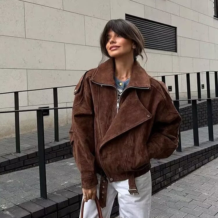 Dame trendy ruskindjakke med oversized snit og aftagelig krave Stilla