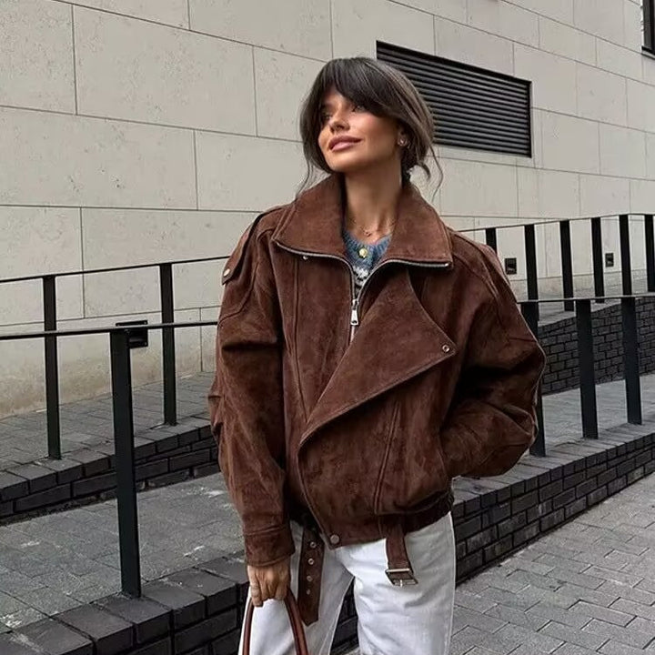 Dame trendy ruskindjakke med oversized snit og aftagelig krave Stilla
