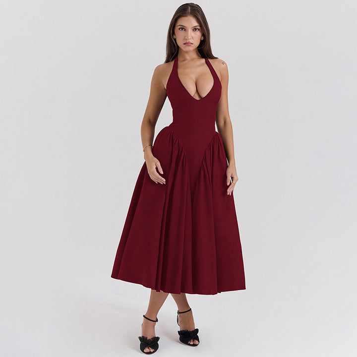 Dame nan figurskabende halterneck-bustier-midi-kjole med taljeret livform og vidde skørt Skovae