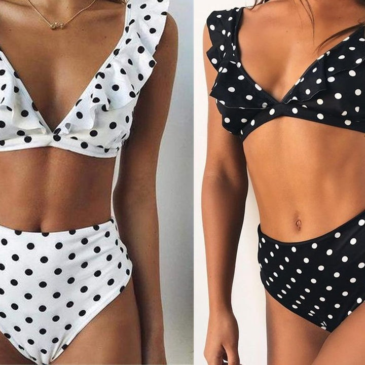 Dame høj taljet bikini-sæt med legende volanger og prikker Skovae
