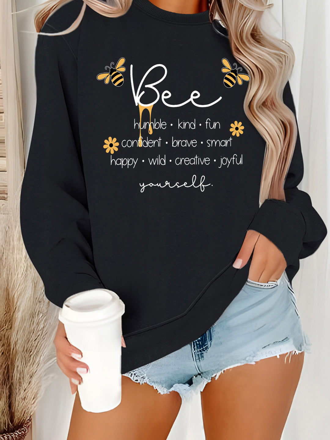 Dame sweatshirt med inspirerende bi-motiv og positive affirmationer Stilla