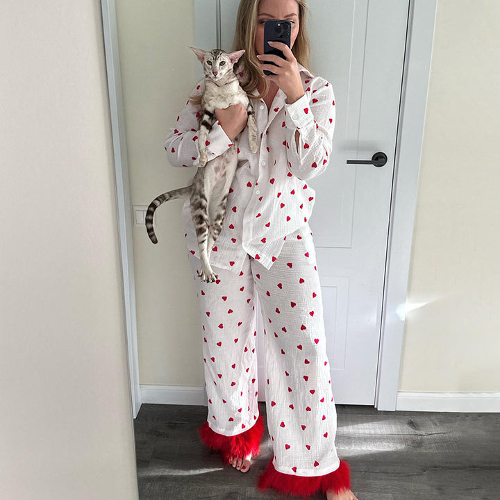 Dame Blødt Pyjama-Sæt med Hjerter og Fuzzy Afslutninger Stilla