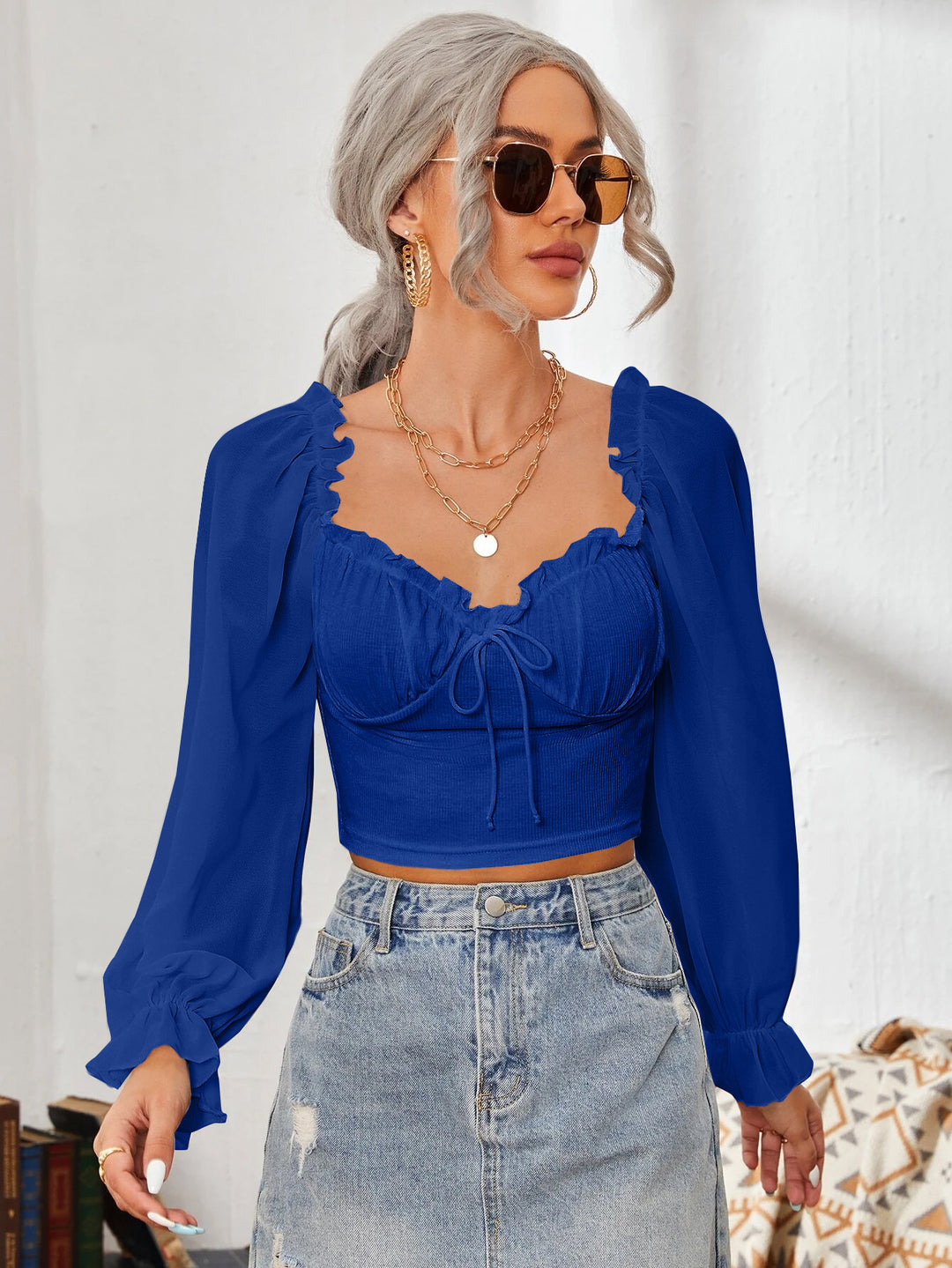 Dame Cropped-bluse med rynker og elegante puffærmer Skovae