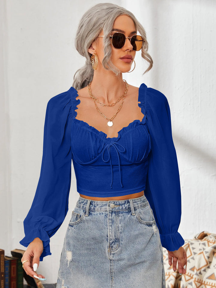 Dame Cropped-bluse med rynker og elegante puffærmer Skovae