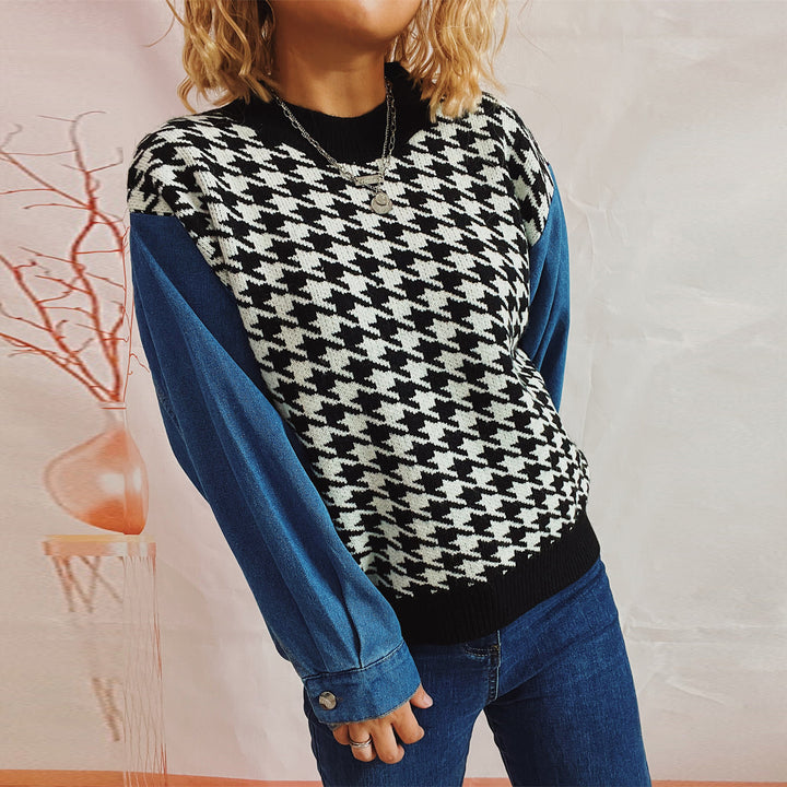 Dame casual sweater med moderne houndstooth mønster og denim ærmer Stilla