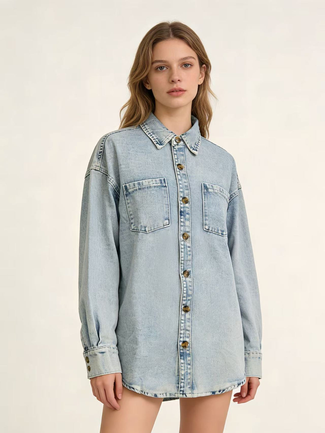 Dame Oversized Denim-Skjorte med påsatte lommer Skovae