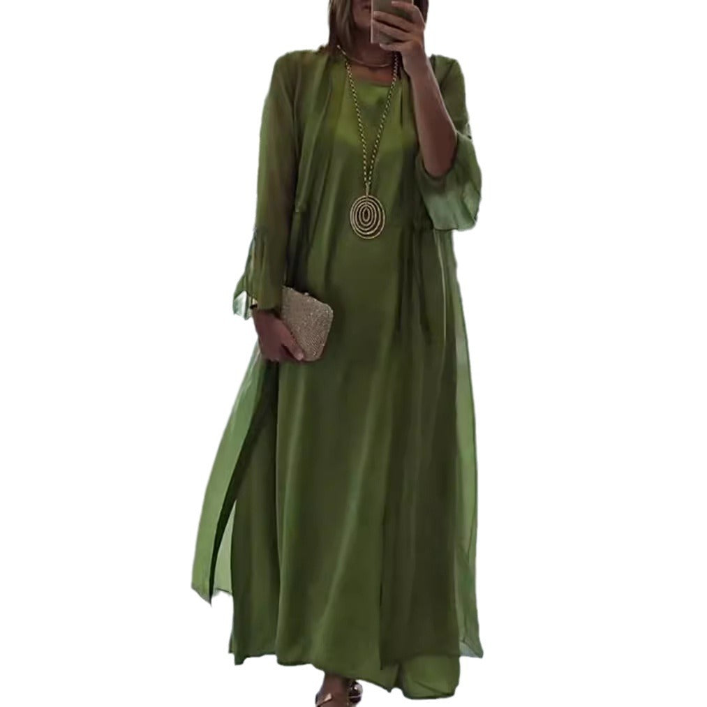 Dame nan elegante Lagd-aftenrobe med foret inderkjole, gennemsigtig chiffon-overtræk og taljejusterbare bånd Skovae