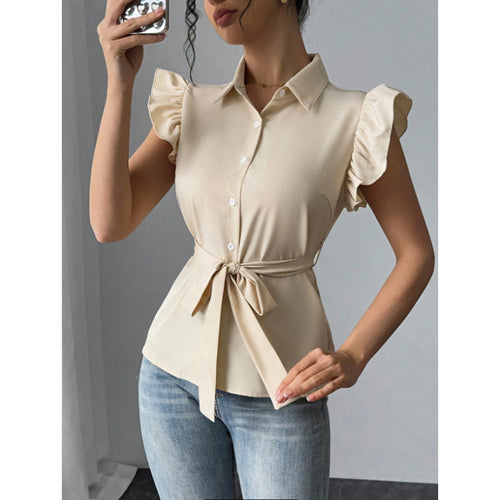 Damebluse med flæser og figursyet bælte Skovae