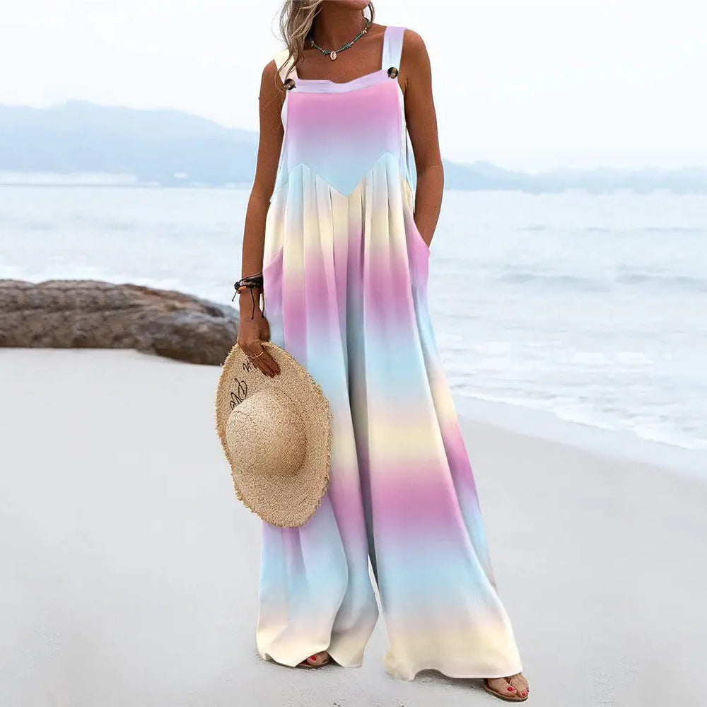 Dame Casual Jumpsuit med moderigtigt Tie-Dye-mønster og praktiske lommer Stilla