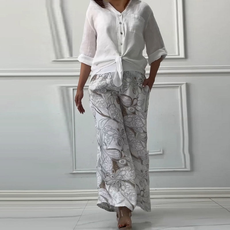 Dame Bohemian Linned overdel med ties front og vidde bukser Stilla