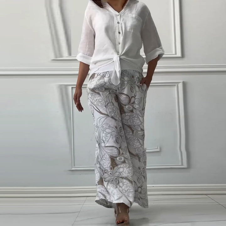 Dame Bohemian Linned overdel med ties front og vidde bukser Stilla