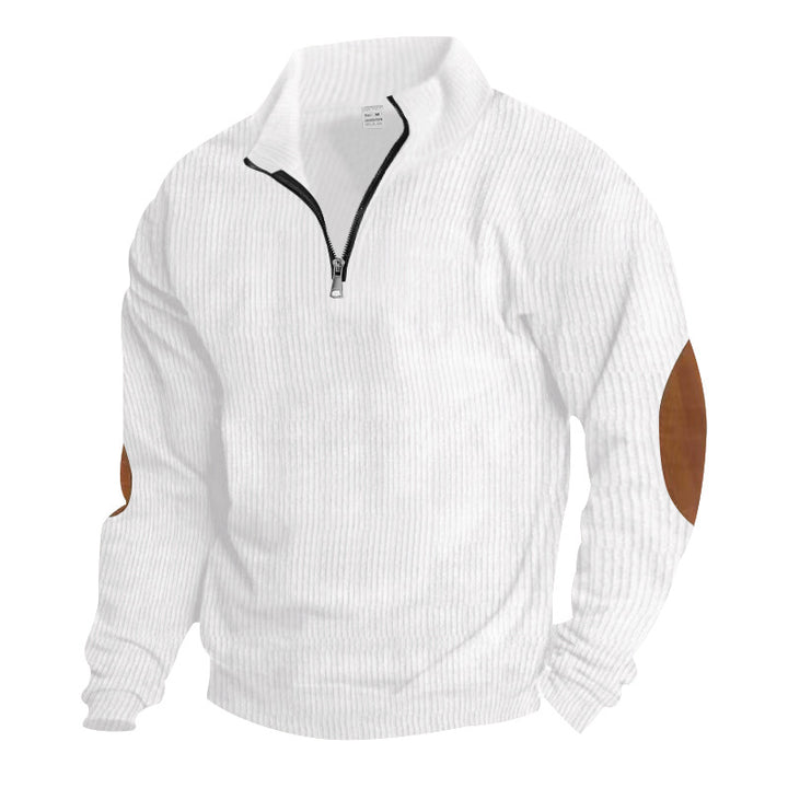 Herren nan ribbet finstrik pullover med kort lynlås ståkrave og læderlook albuepatches Skovae