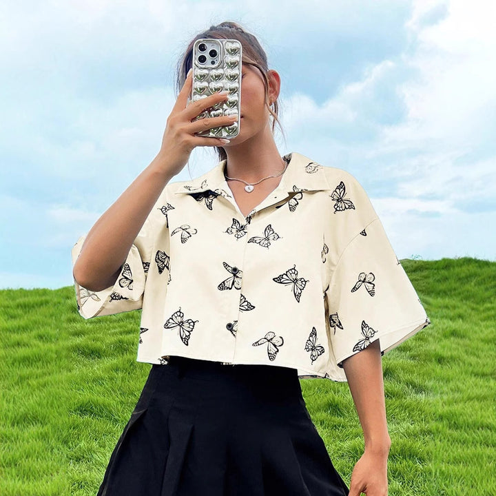 Dame sommerfugleprint kortærmet button-up skjorte Stilla