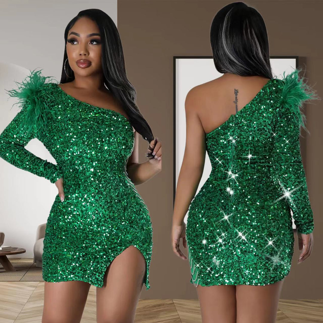 Dame Glamourøs Paillet Mini Kjole med asymmetrisk Snit og elegant Detalje Stilla
