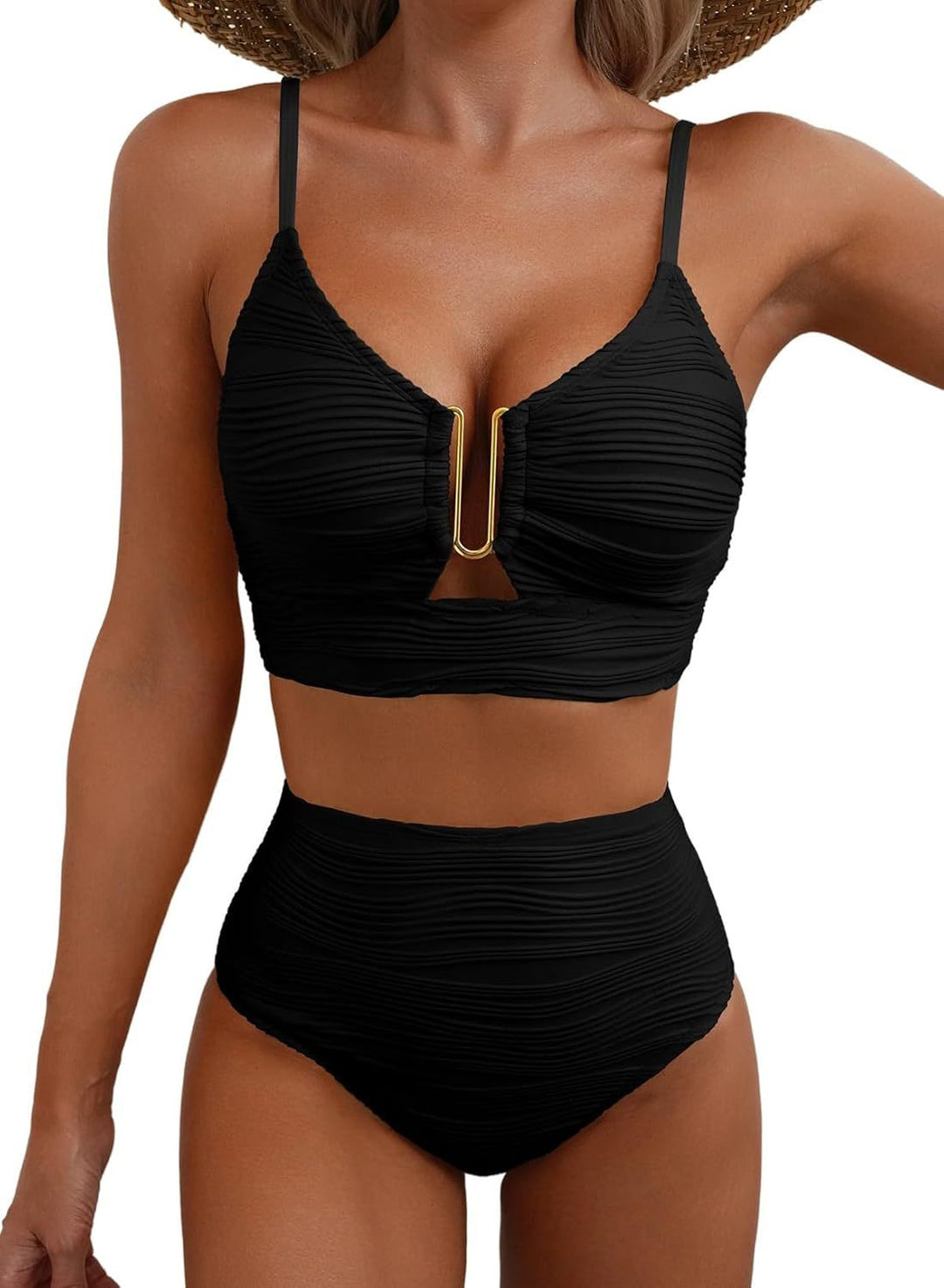 Dame Højtaljet Bikini-sæt med elegant rufflesdesign og moderne V-udskæring Stilla