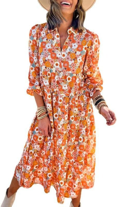 Dame Floral Print Maxi Skjorte Kjole Stilla