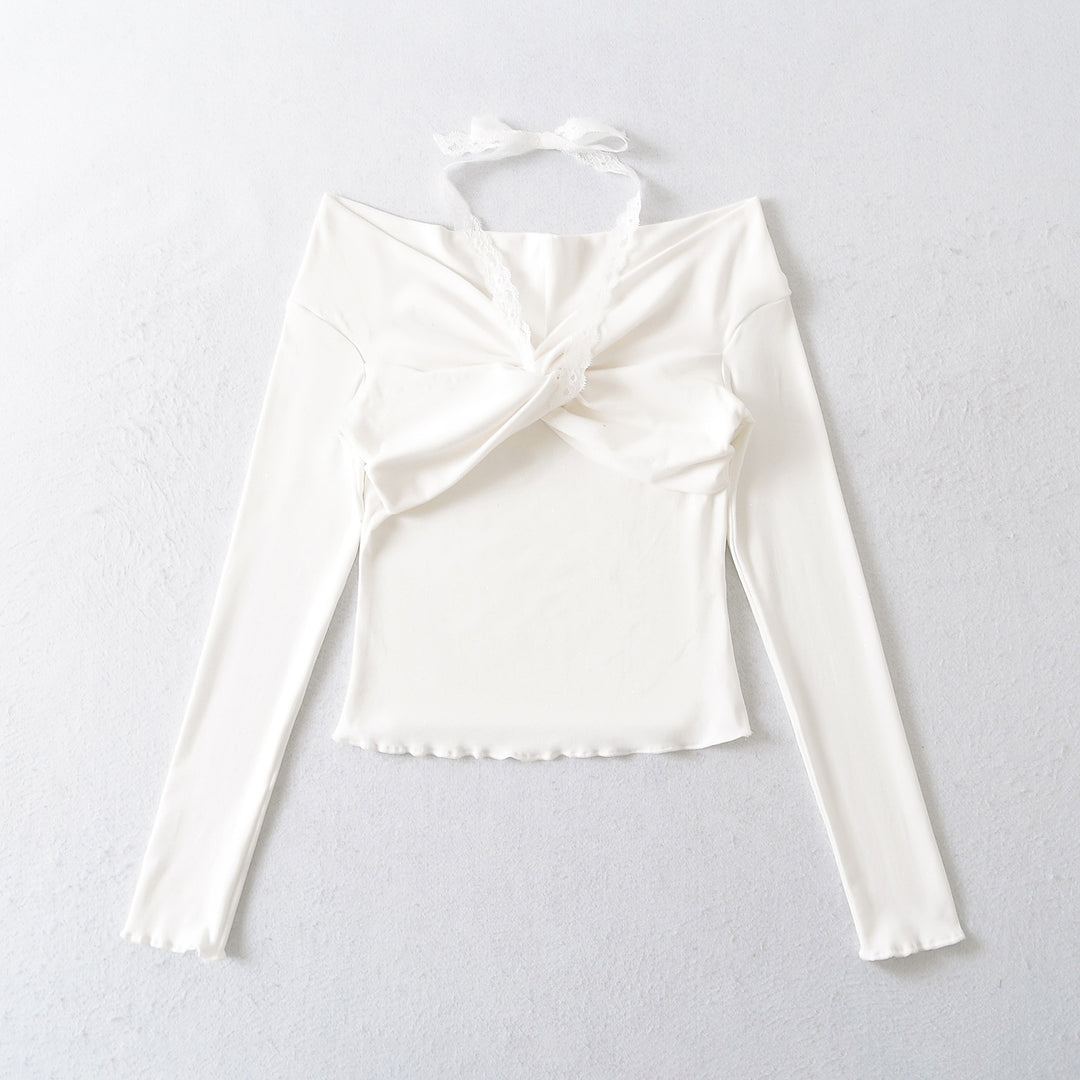 Dame Off-Shoulder Langærmet bluse med raffineret knudedetalje og sart blondeudsmykning Stilla