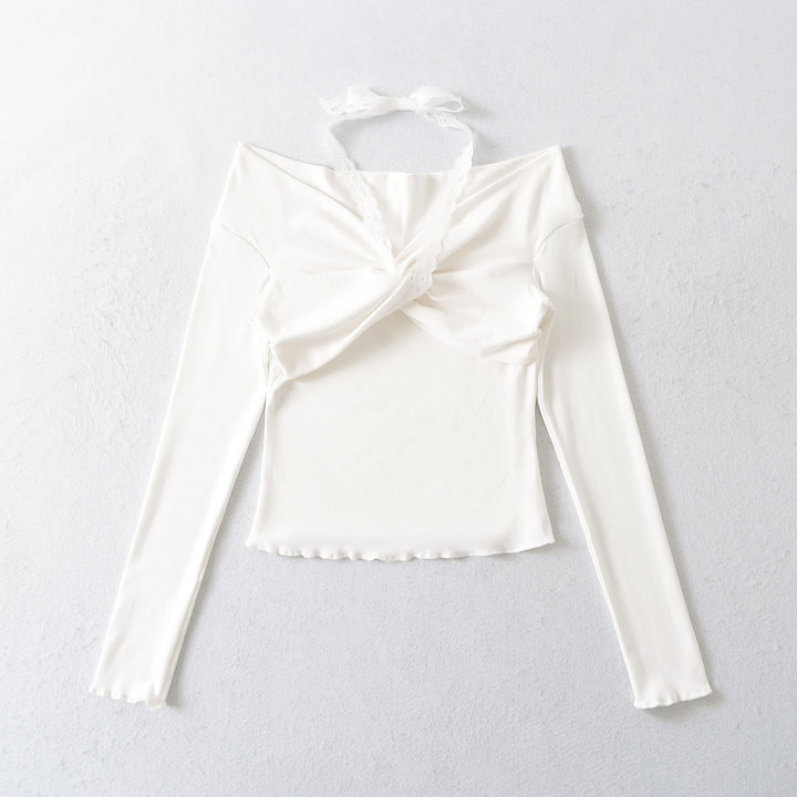 Dame Off-Shoulder Langærmet bluse med raffineret knudedetalje og sart blondeudsmykning Stilla