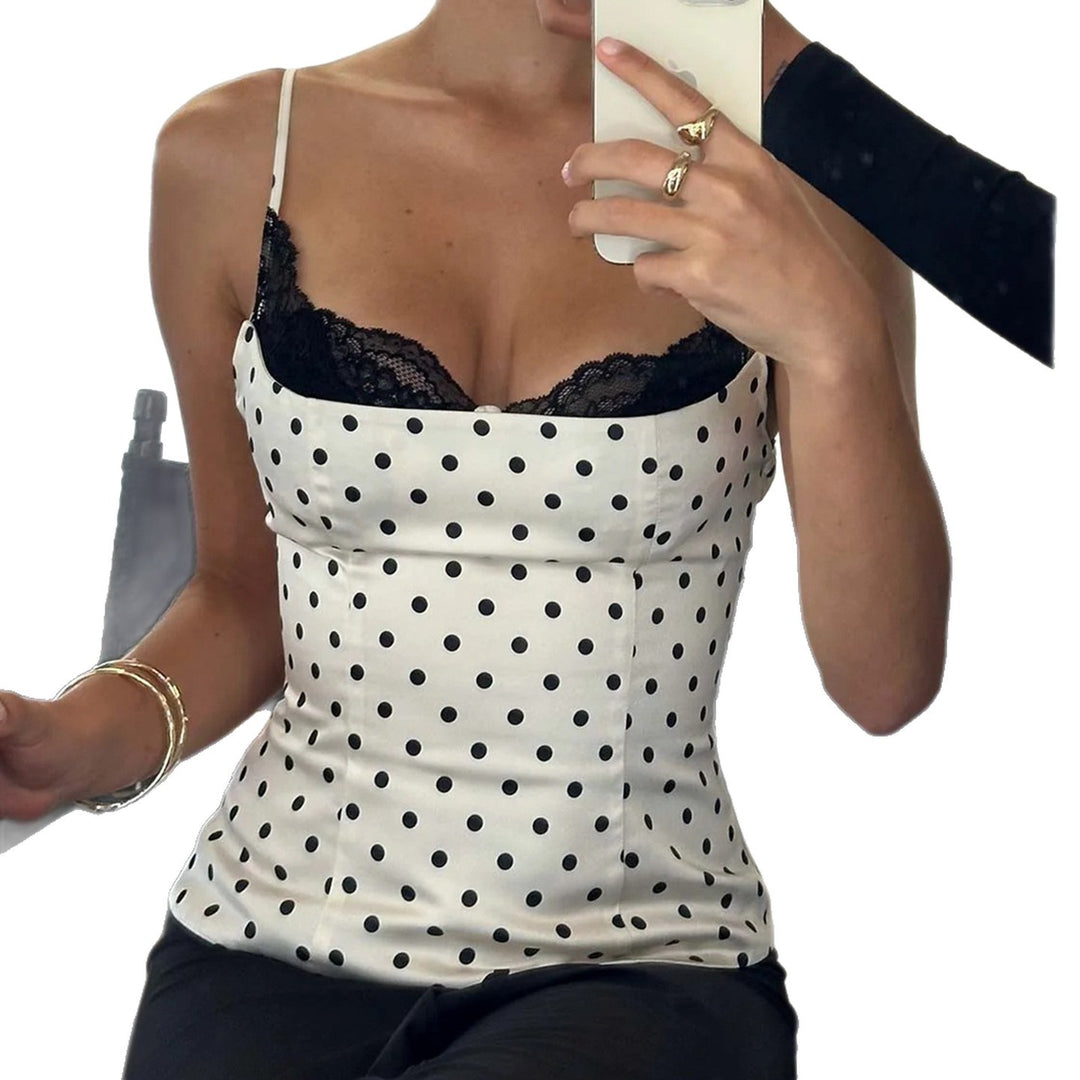 Dame spaghetti strop top med spids og elegant punktedesign Skovae