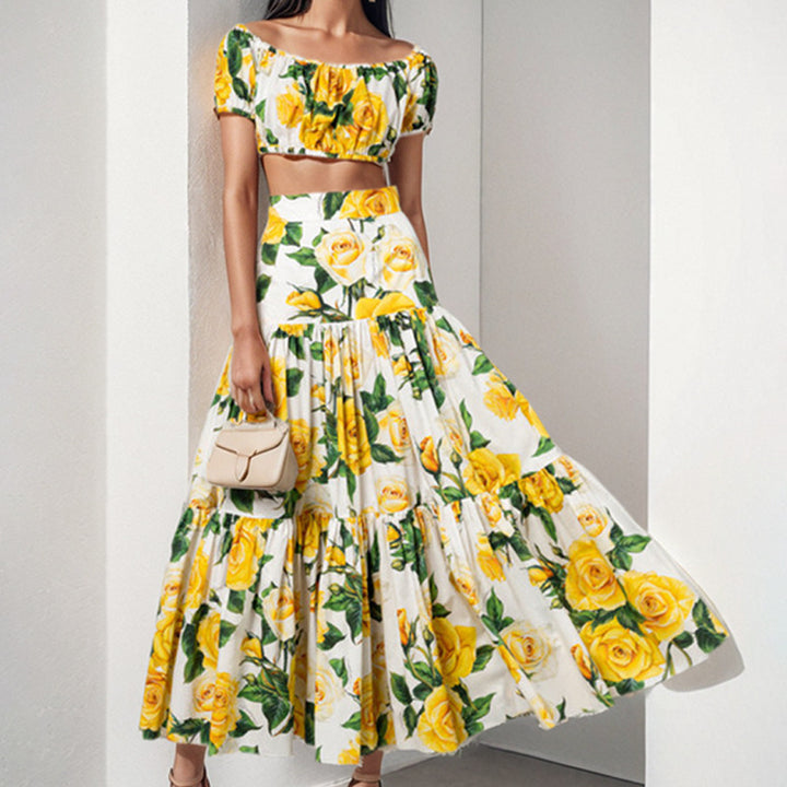 Dame To-delt Blomster-Sæt med let Crop-Top og voluminøs Nederdel Stilla