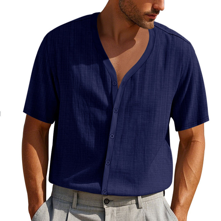 Herrer Kortsleeve Henley Skjorte med moderigtigt V-udskæring og struktureret design Stilla