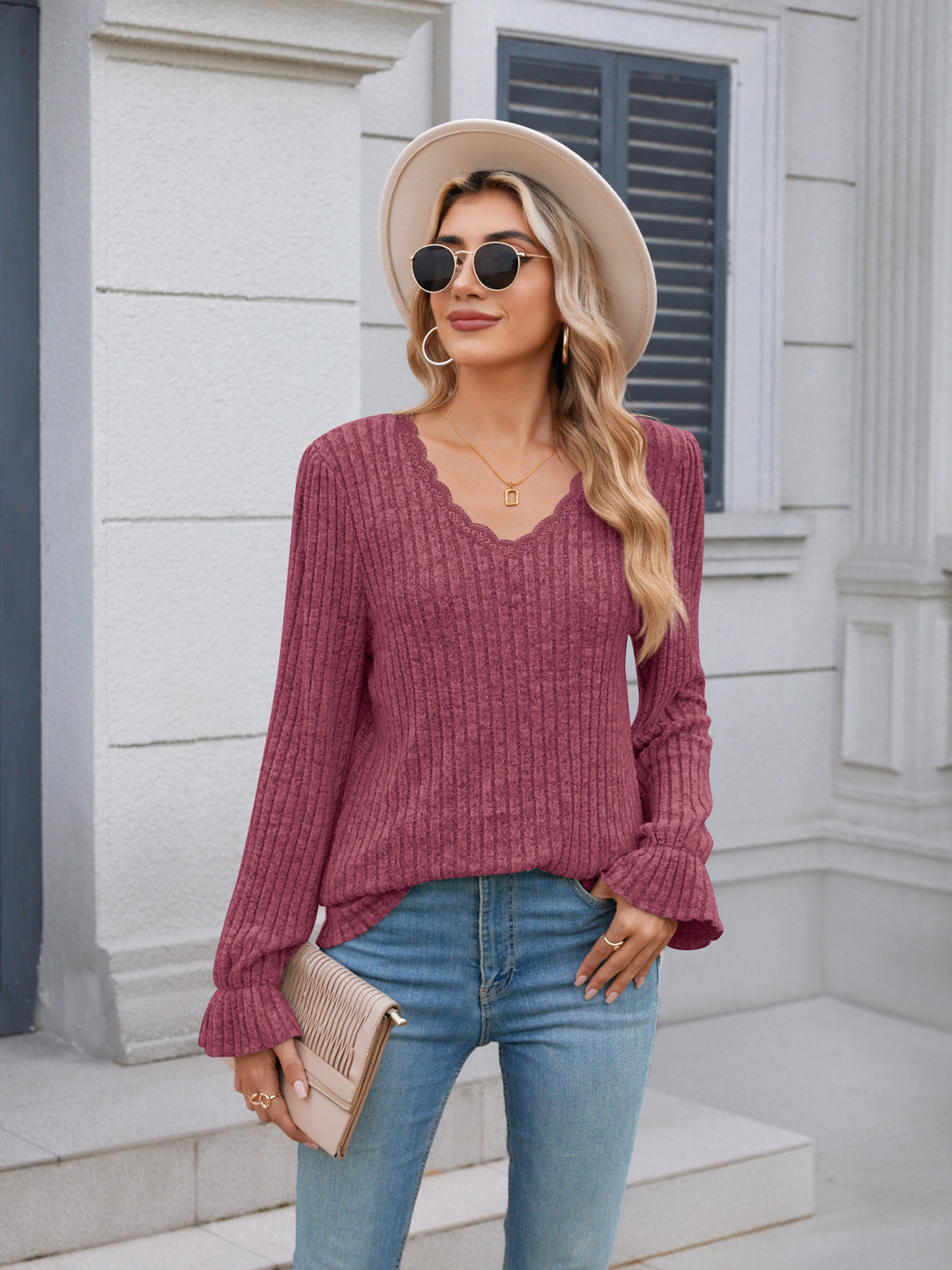 Dame elegant V-hals bluse med fin ribstruktur Stilla