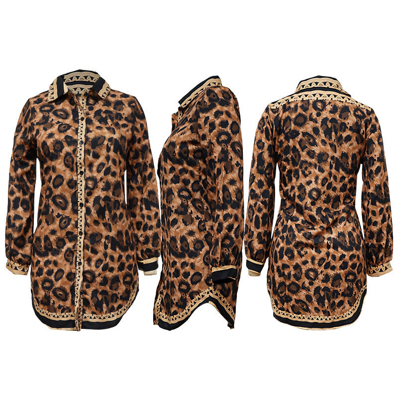 Dame Leopard-Print Skjortekjole med gyldne accenter Stilla