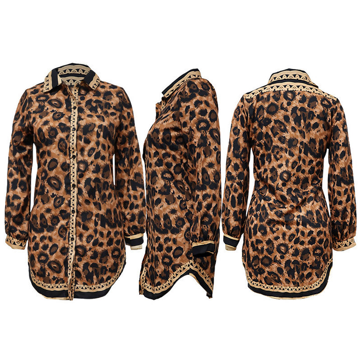 Dame Leopard-Print Skjortekjole med gyldne accenter Stilla