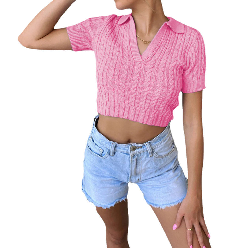 Dame Cropped Strikpullover med V-udskæring og Polo-krave Stilla