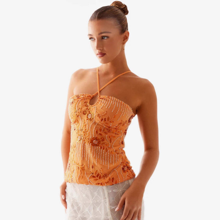 Kvinder Glitrende Bustier Top med Blomsterdesign og Funklende Applikationer