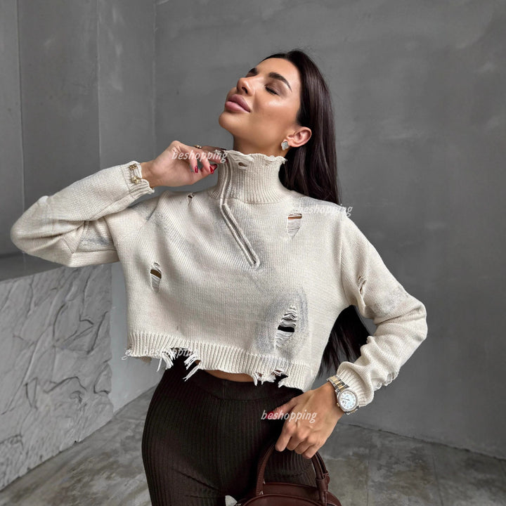 Kvinders cropped sweater med lynlås og frynse detaljer Stilla