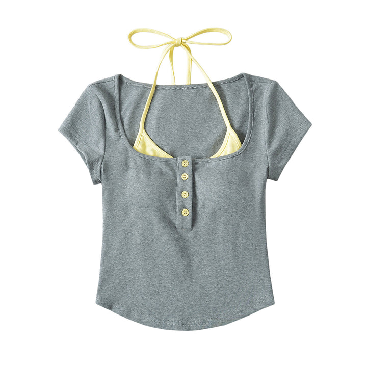 Dame Crop-Top med legende bindedesign og moderigtige knapdetaljer Stilla