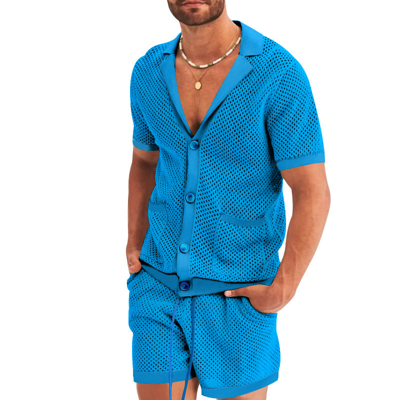 Herrer nan åben netstrik-cardigan med matchende snortræk-shorts Skovae