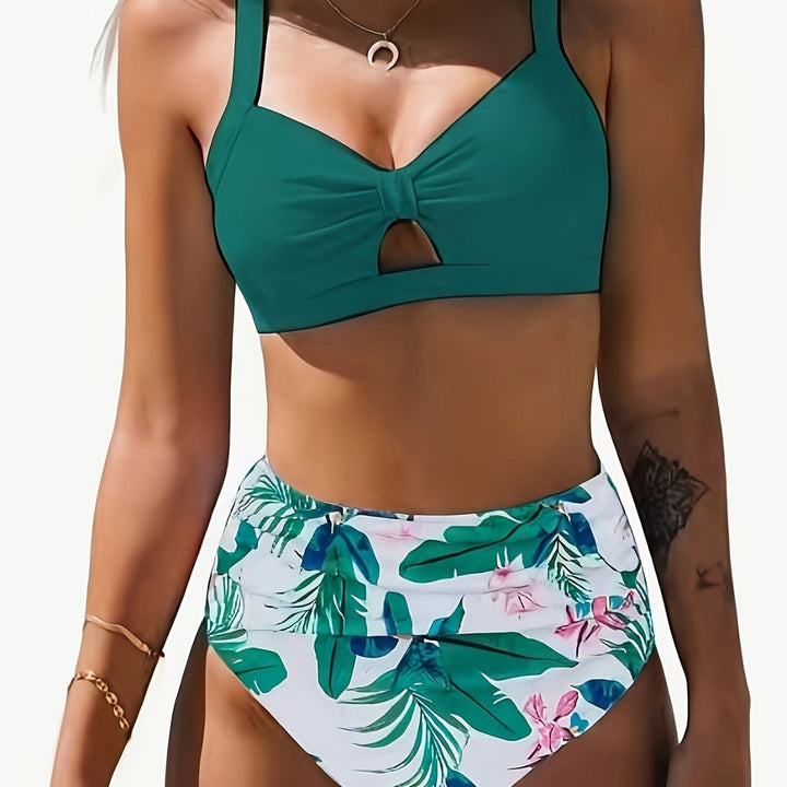 Dame bikini-sæt med blomster-høj talje og moderne knude Skovae