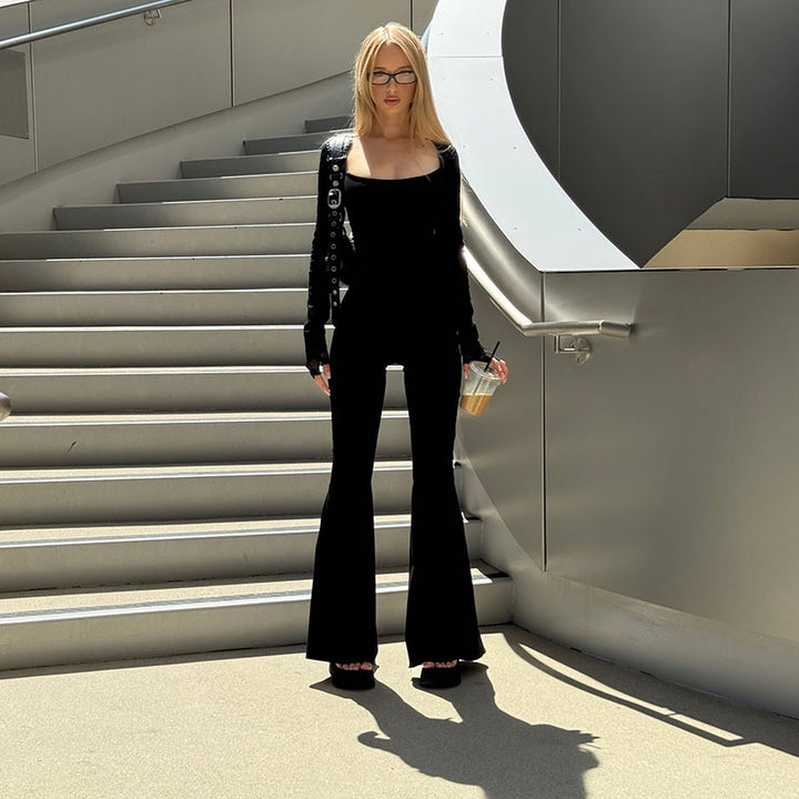 Dame Elegant og figursyet jumpsuit med lange ærmer og bred ben Stilla