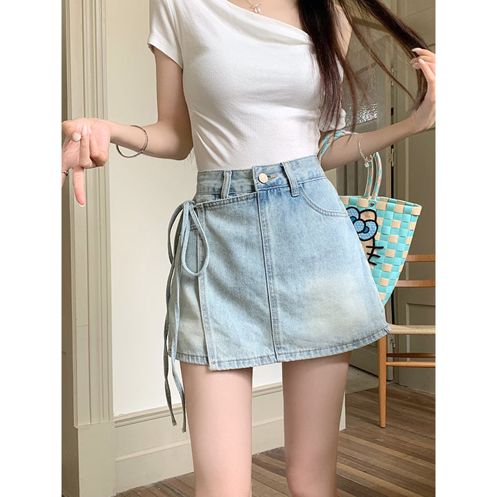 Dame High-Waisted Denim Miniskørt med justerbar sidelacing Stilla