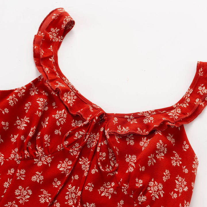 Dame Vintage Blomstermaxikjole med dyb V-udskæring og elegante flæsedetaljer Stilla