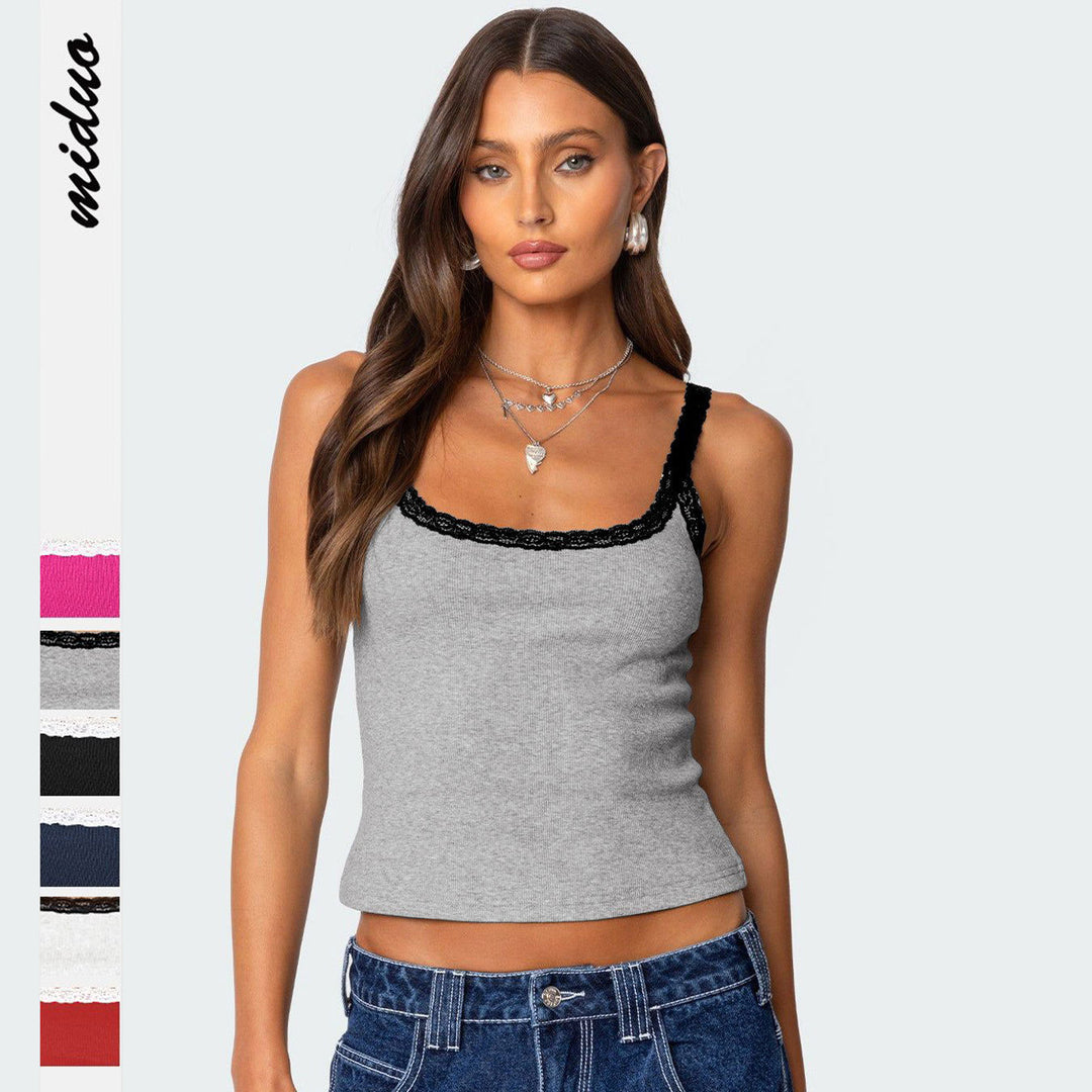 Dame Spaghetti straps top med dekorativt spidskant Stilla