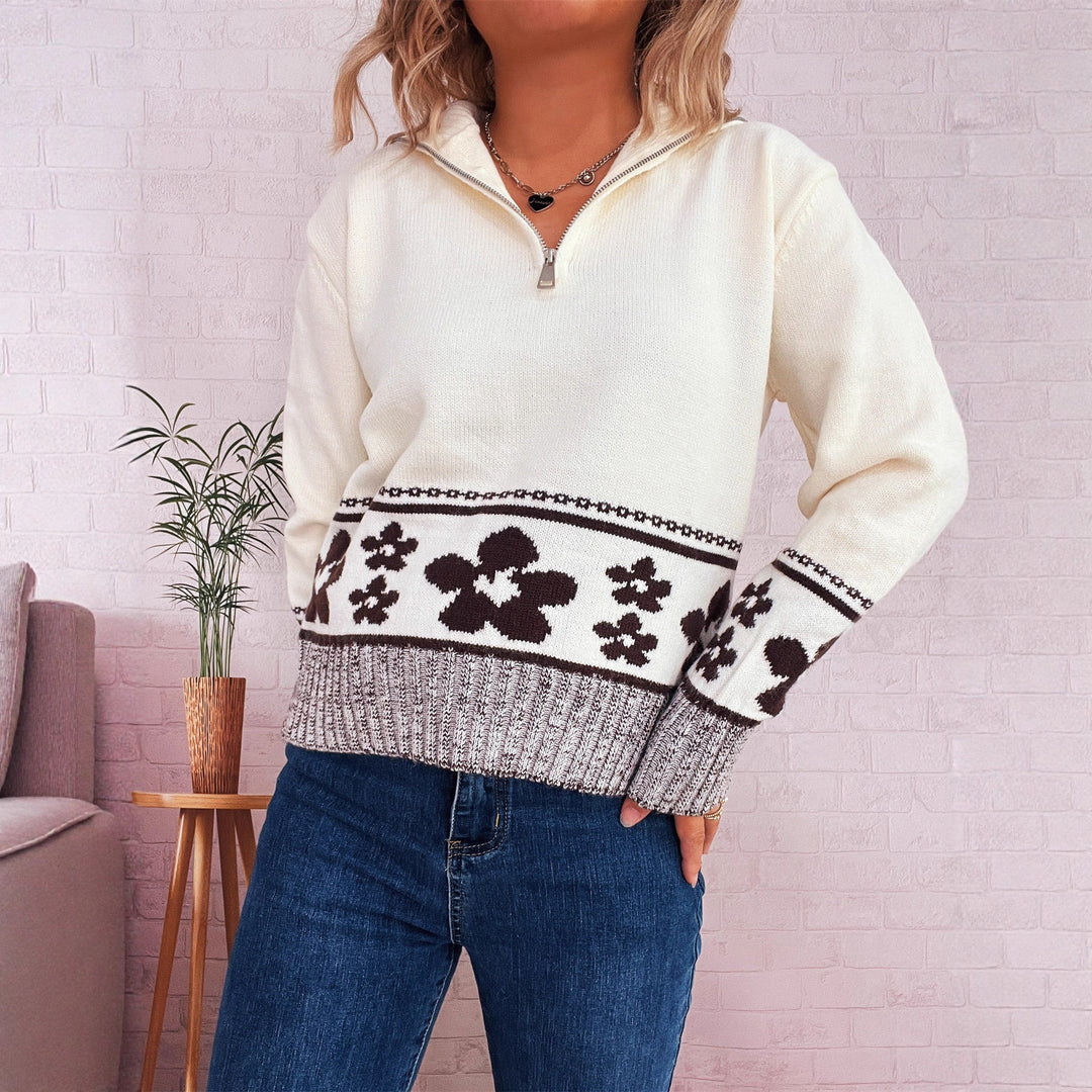 Kvinders strikket sweater med blomster mønster og høj krave Stilla