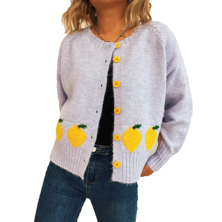 Kvinders hyggelige cardigan med citrussymbol og farverige knapper Stilla