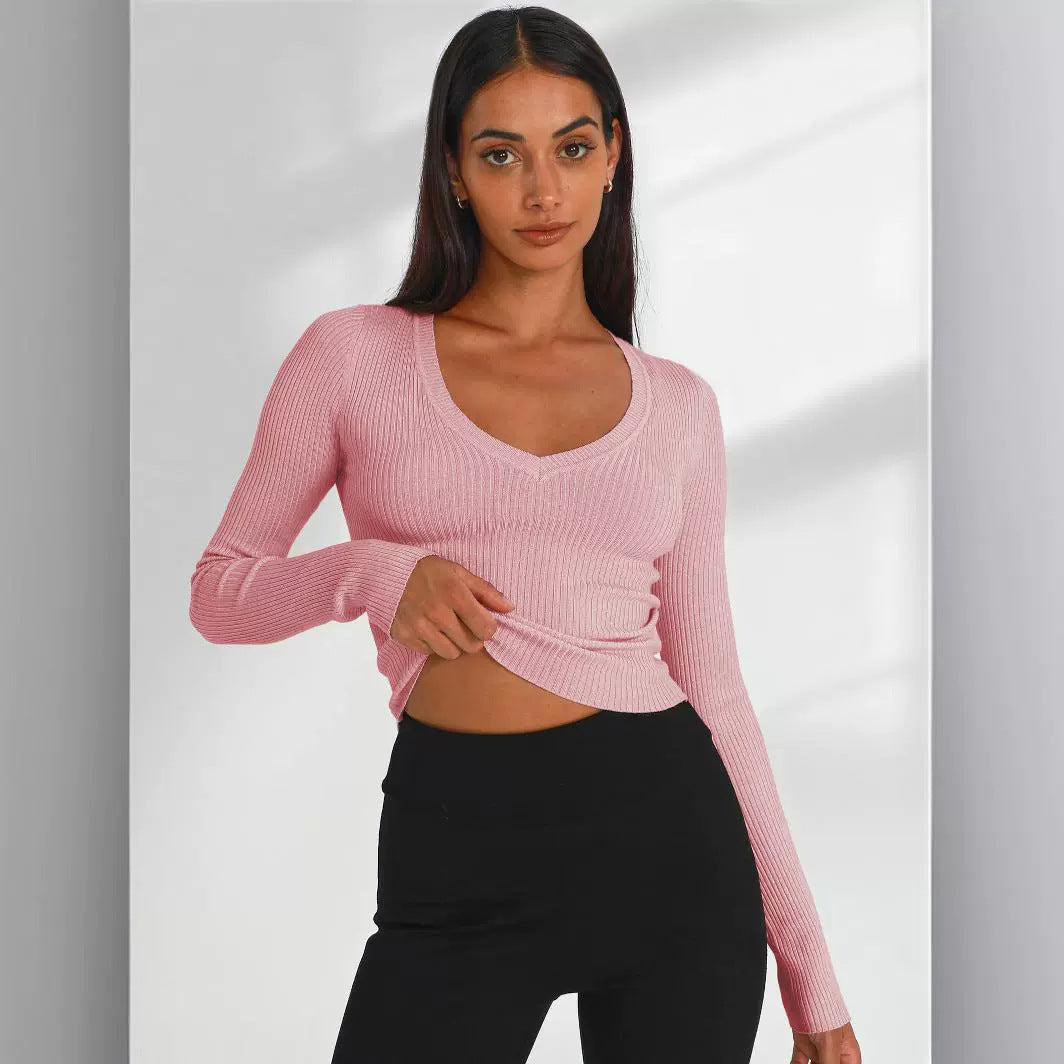 Dame figurtilpasset rib-crop-top med V-udskæring og lange ærmer Stilla