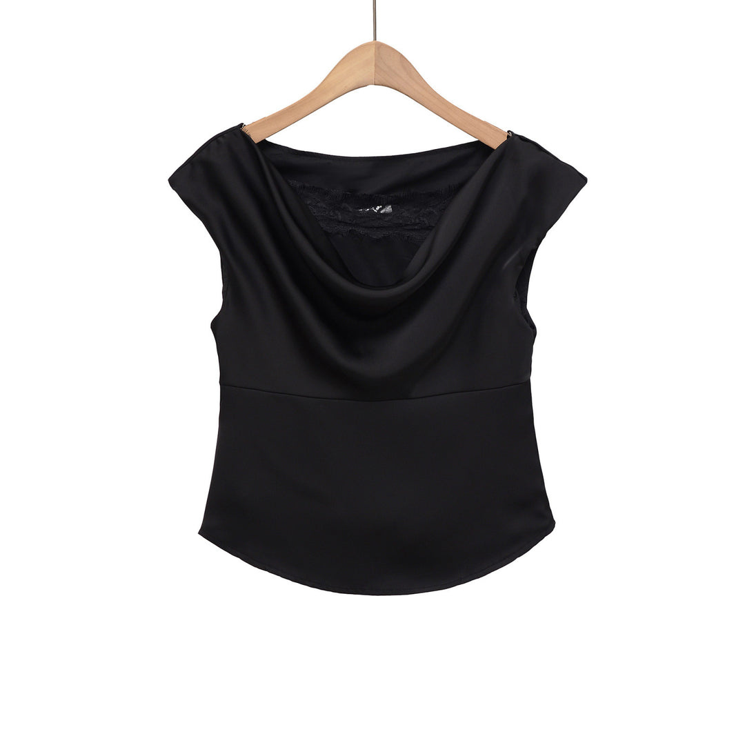 Dame elegant satinbluse med raffineret vandfaldsudskæring Skovae