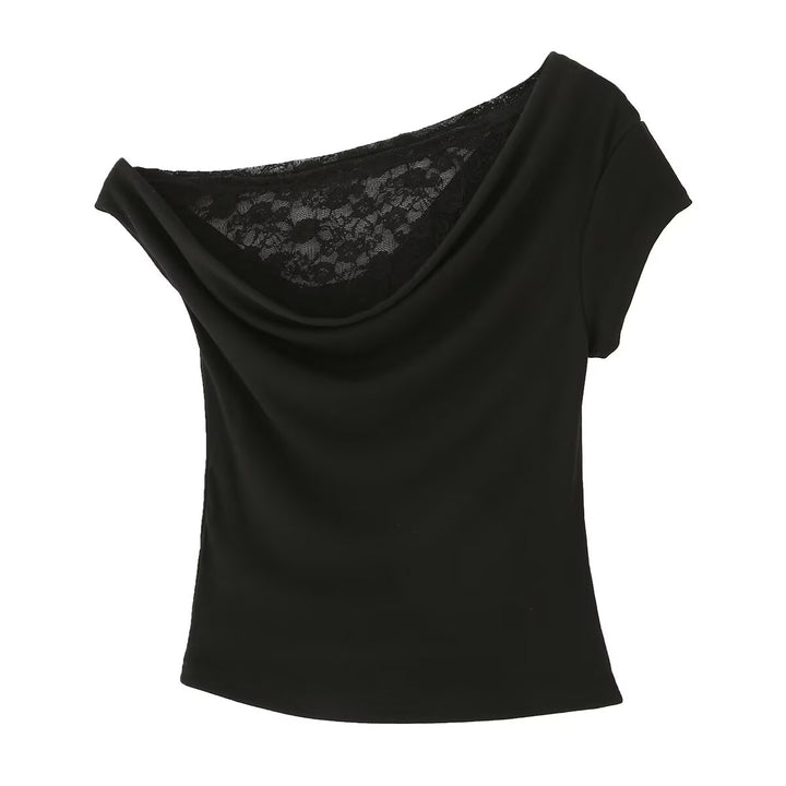 Dame elegant wrapper top med flæse detaljer og fin blondesyning Stilla