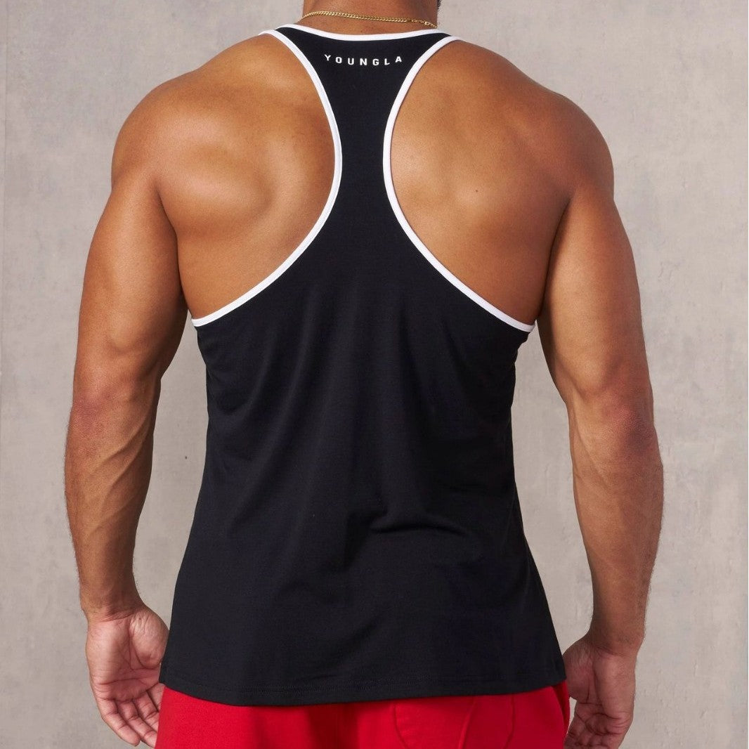 Herrer nan atletisk Stringer Tanktop rygfri snit med kontrastpiping og kraftsportmotiv Skovae