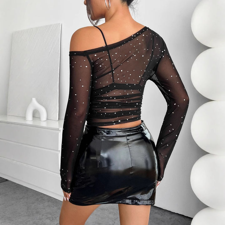 Dame nan asymmetrisk mesh-crop-top med integreret bustier, rynk og strassbesætning Skovae