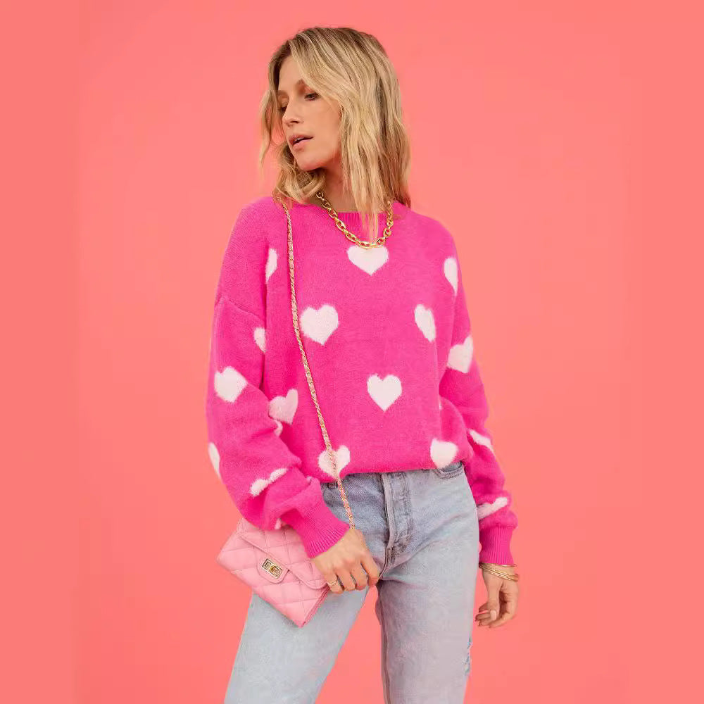 Kvinders sweater med hjerteapplikationer og løs pasform Stilla